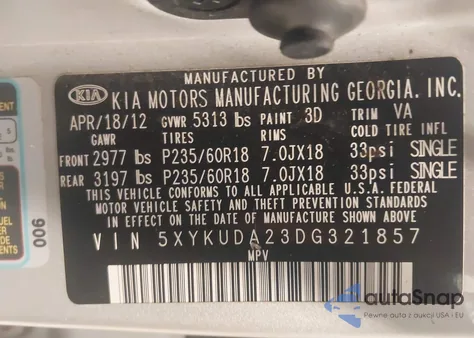 2013 Kia Sorento Ex V6 z USA, uszkodzony, nr VIN 5XYKUDA23DG321857